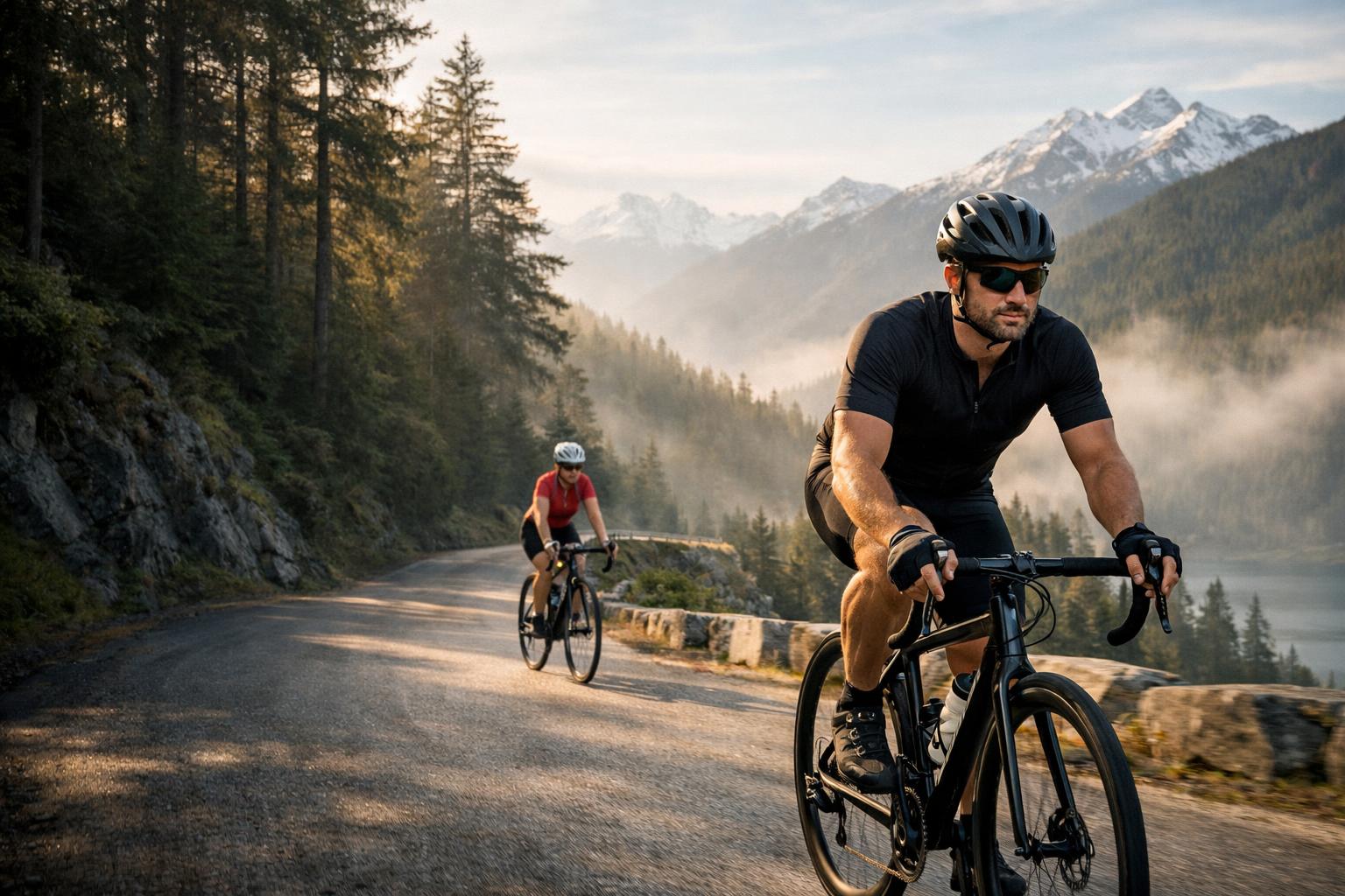 unbranded bicycles, adult cyclists wearing helmets, forest trails and mountain roads