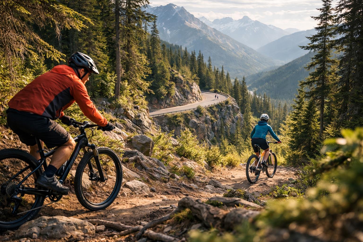 unbranded bicycles, adult cyclists wearing helmets, forest trails and mountain roads