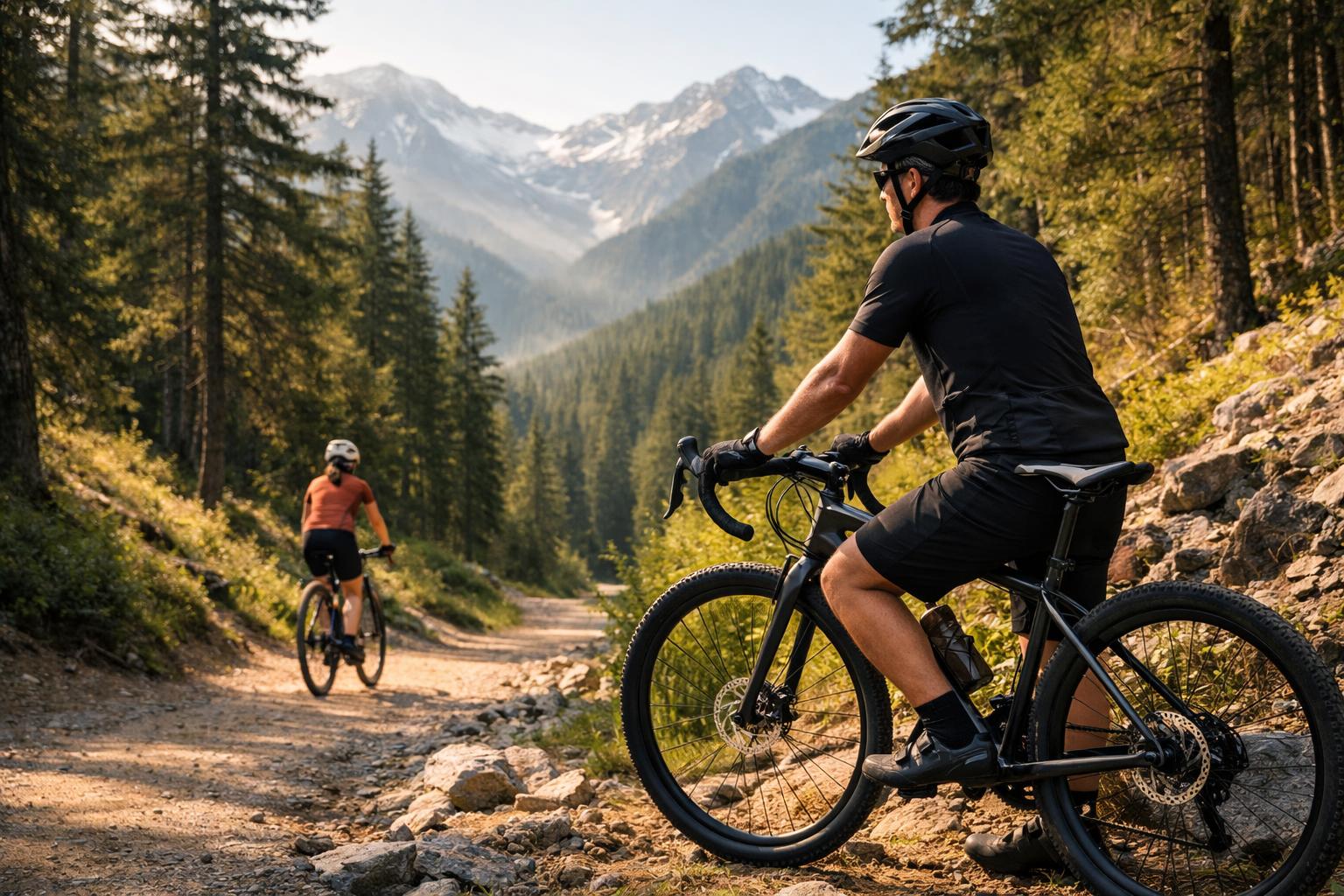 unbranded bicycles, adult cyclists wearing helmets, forest trails and mountain roads